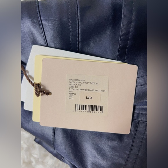 NWT $525 Nanushka Vaeda Navy Glossy Satin 5 Pocket Cropped Flare Pants with Slit - Picture 9 of 9